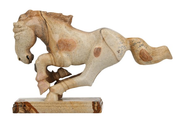Pferdegravur auf Sockel 210x130x55mm, Landschafts-Jaspis