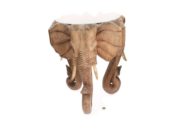 Tisch mit 3 Elefanten ca. 60 x 60cm, Suar-Holz + Glasplatte