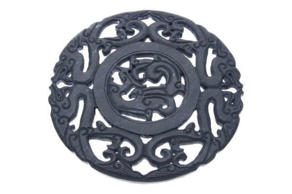 Scheibe 15cm aus schwarzem Basalt mit 4 Drachen und Phönix