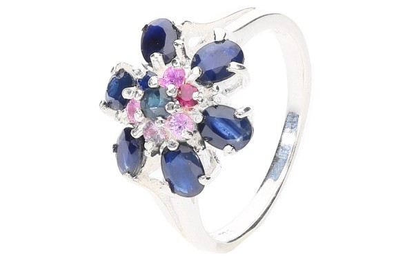 Ring Größe 52 Silber 925, Blumen-Design, blauer+ roter Saphir