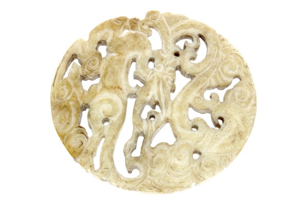 Geschnitzte Scheibe 12cm aus Serpentin mit Drache und Phönix