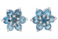 Blumen-Ohrstecker 14mm mit 7 facettierten, blauen Topasen in Silber 925 Blumen-Ohrstecker 14mm mit 7 facettierten, blauen Topasen in Silber 925