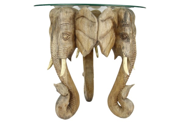 Tisch mit 3 Elefanten 50x60cm, Suar-Holz mit Glasplatte