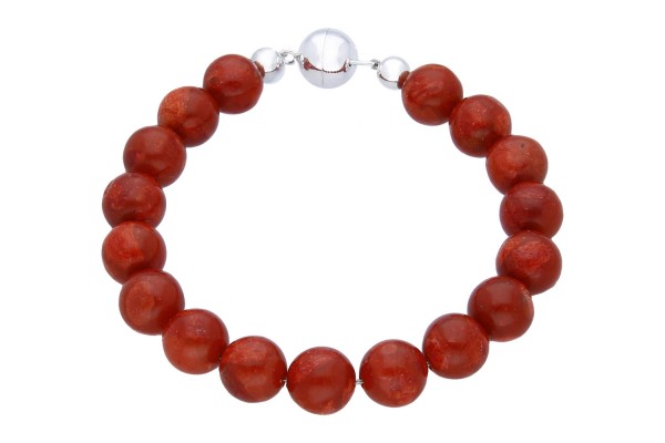 Koralle Kugel-Armband 10mm/20cm, Schaumkoralle mit Magnetschließe Silber 925